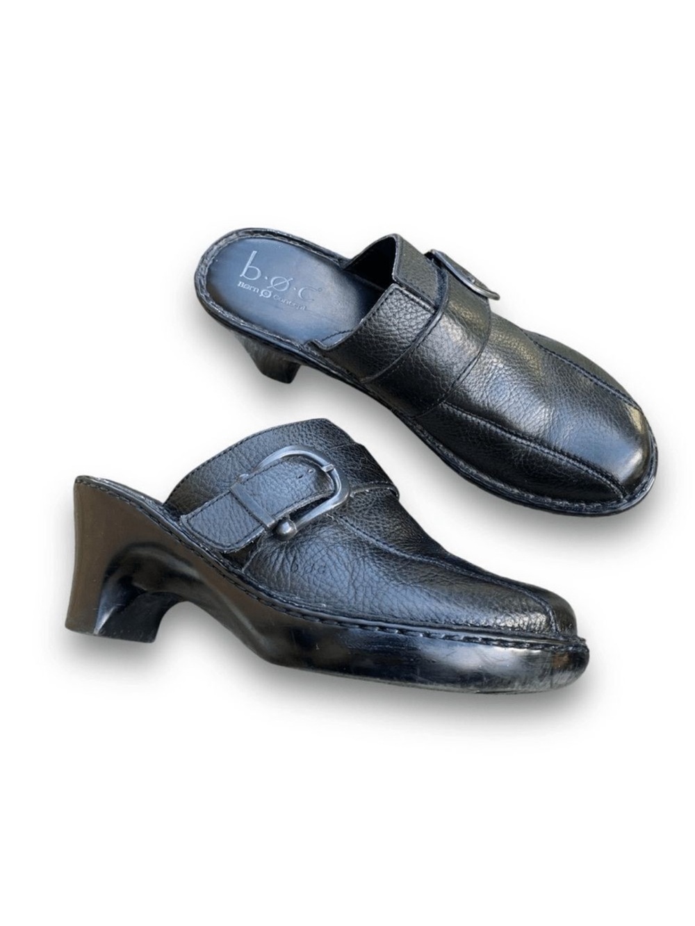 BOC Born Concept Black Leather Buckle Strap Wedge Mule Clogs Shoe Women's size 9